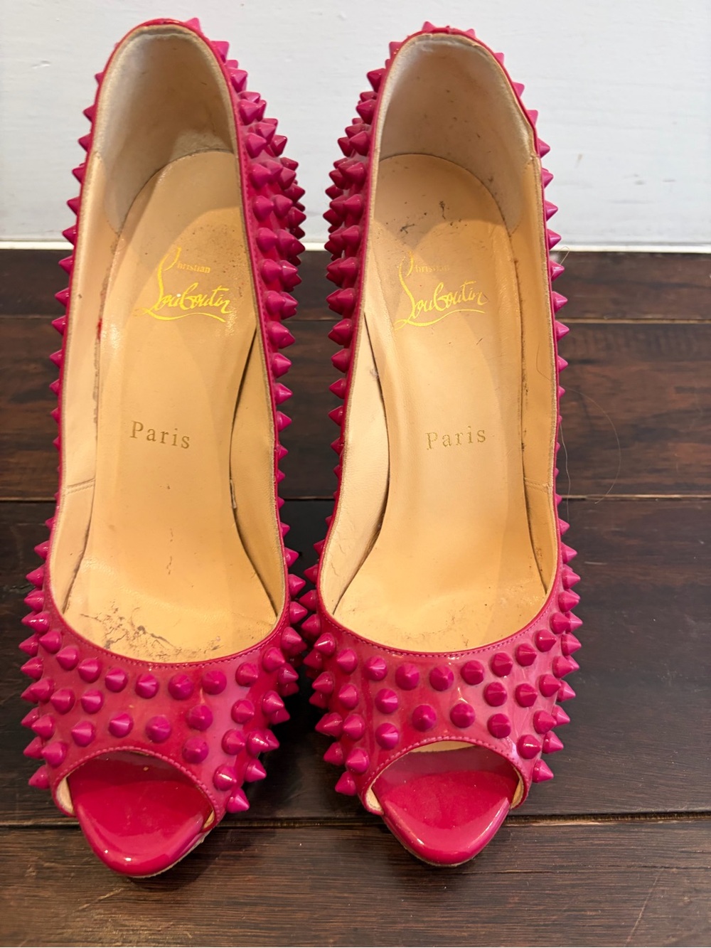 Christian Louboutin Hot Pink Spiked Peep-Toe Pumps